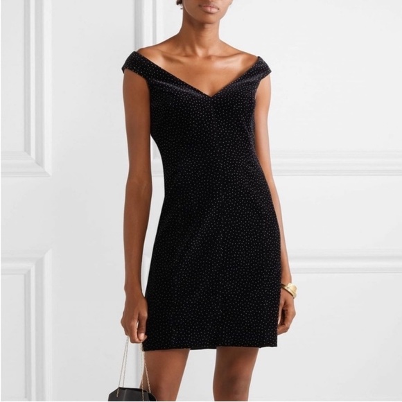 $495 NWT Theory Black Velvet Polka Dot Off the Shoulder cocktail Mini Dress 8